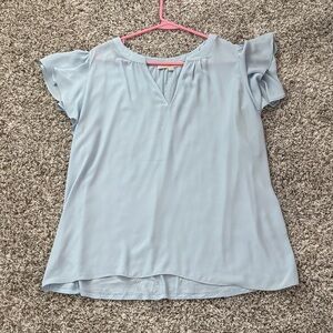 LOFT Pale Blue Flutter Sleeve V-Neck Blouse